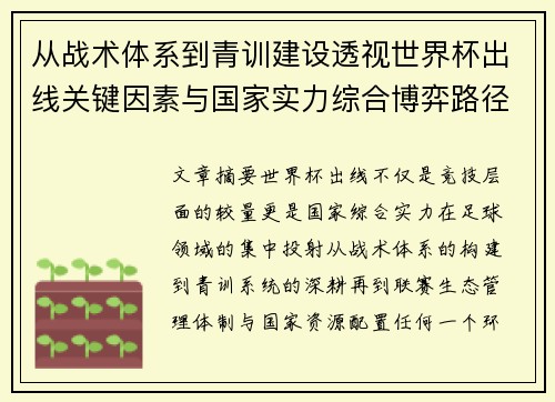 从战术体系到青训建设透视世界杯出线关键因素与国家实力综合博弈路径