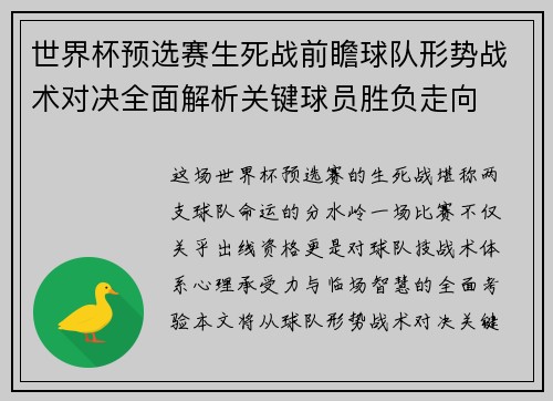 世界杯预选赛生死战前瞻球队形势战术对决全面解析关键球员胜负走向